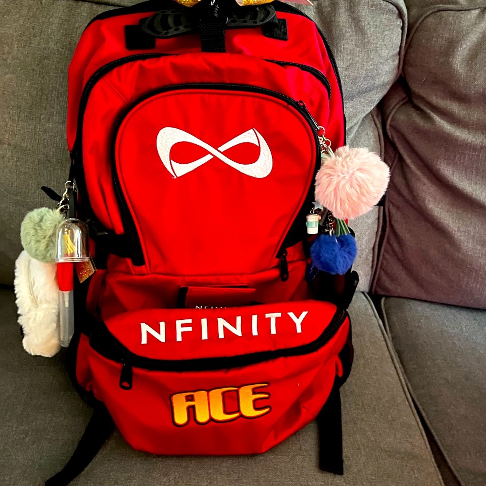 Ace, infinity, cheer backpack in the color, red fanny pack can be taken off